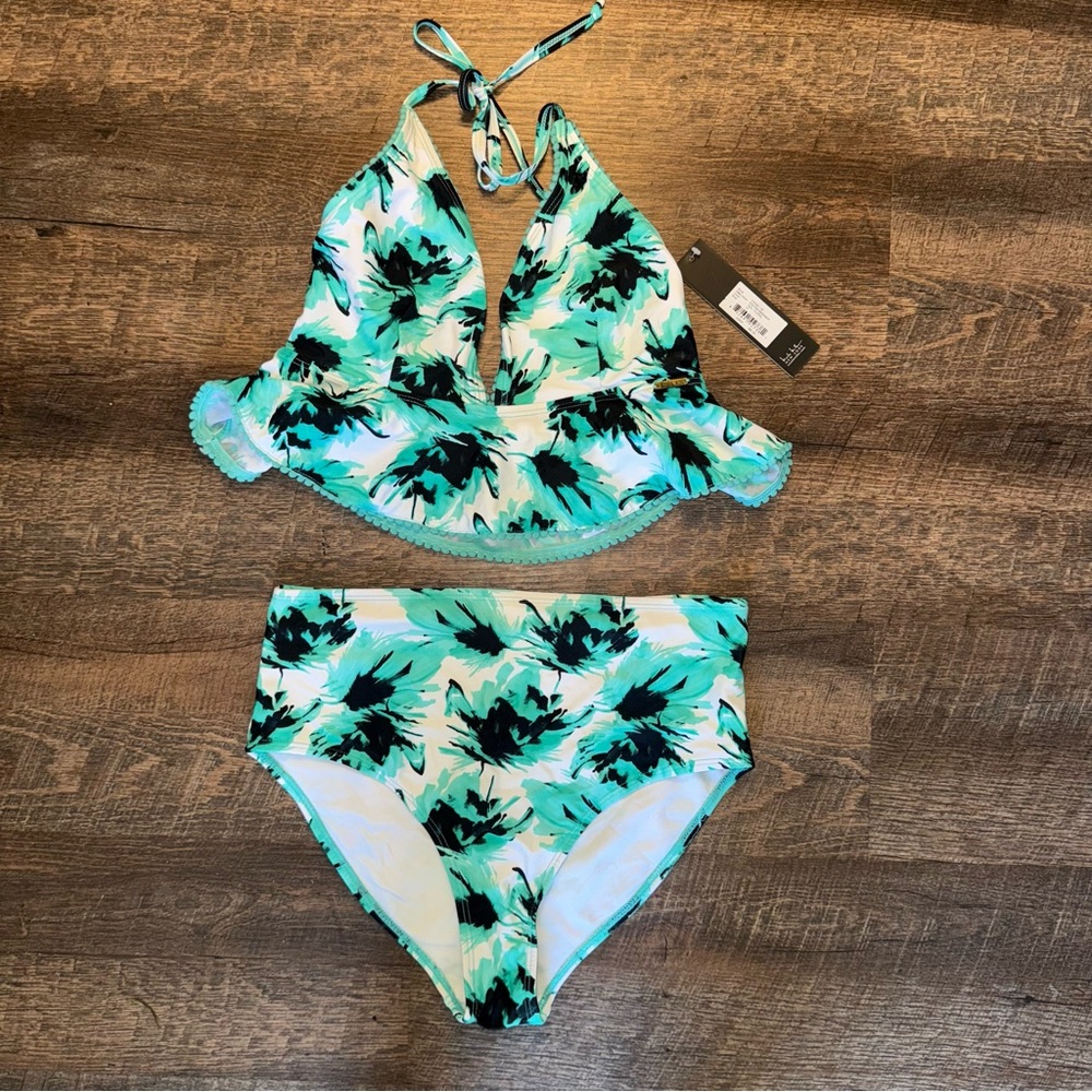 Nicole Miller Pom Pom Swimwear Teal Floral Halter Bikini Set Women’s Size 10 New